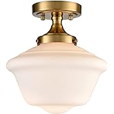 SAMTEEN Gold Semi Flush Mount Ceiling Light Modern Schoolhouse Ceiling Light Fixture Milk White Glass Flush Mount Light for H