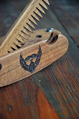 Beard Comb for Men - Pocket Folding Combs for Mustache & Hair. Travel, Natural Wooden Comb with Skull Engraving - Perfect for Use w/Beard Balm, Oil