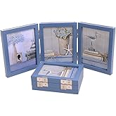 Collage Picture Photo Frames - 3.5x5, Triple Hinged 3 Desk Picture Frame, Wooden Desk Tabletop Family Photo Frame with Glass Opening, Decorative Folding Trifold Picture Frame Stand Vertical, Blue