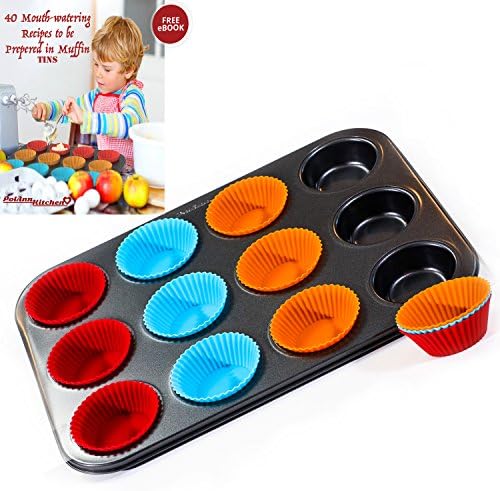 12 Non-Stick, BPA Free Silicon Muffin Cups, Bakeware mold with Regular Carbon Steel Cupcake Oven Pan