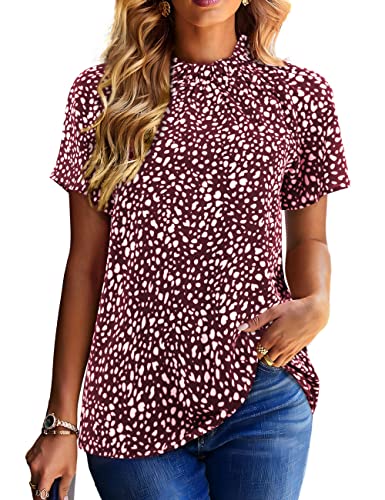 AMORETU WOMEN LEOPARD PRINT SHIRTS MOCK NECK SHORT SLEEVE BLOUSE WORK TOPS