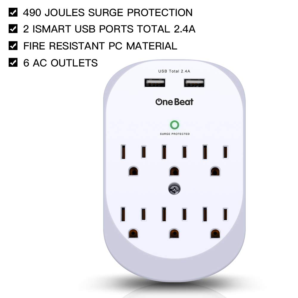6 Outlet Surge Protector, One Beat Multi Outlet Wall Mount Adapter with 2 USB Charging Ports 2.4 A, 490 Joules, ETL Certified-White