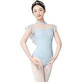 RuiBalletto Women's Ballet Leotards with Mesh Splicing, Ruffle Sleeve Dance Bodysuit with Full Front Lining