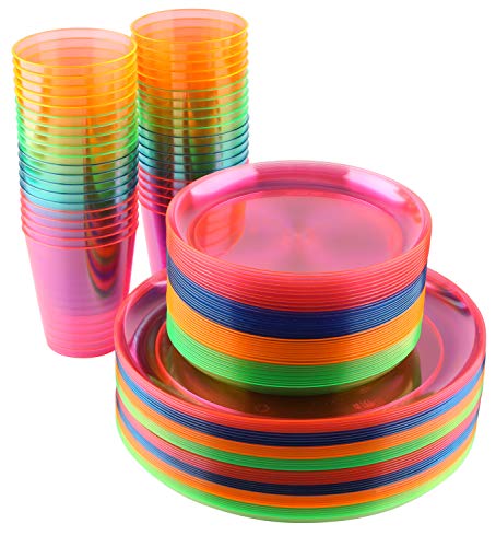 Disposable Neon Party Essentials- Plates + Cups Set| 40 Pack| Assorted Neon Colors, Plastic Party Serving Supplies for Snacks, Cake, Dessert | For Kids/Adults Birthdays, Bachelorettes, Gender Reveal