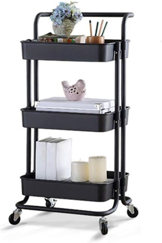 Walmeck 3 Tier Rolling Metal Utility Cart on Wheels Moveable Storage Organizer Cart Multi-Functional Mobile Storage Shelves Basket for Bedroom, Kitchen, Bathroom, Office, Nursery Room, Pantry