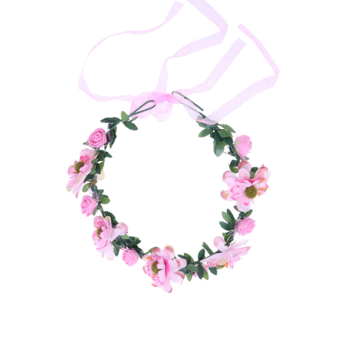 Lurrose Bohemia Floral Wreath Bridal Headband Decorative Garland Simulation Flower Crown for Festival Wedding Pink