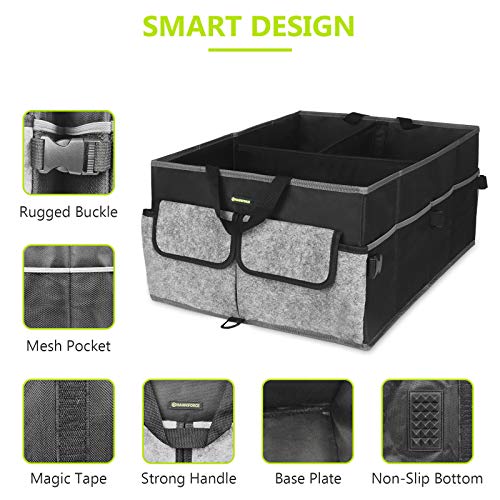 HAWKFORCE Cargo Organizer for Trunk, Heavy Duty Design with Folding Interlayer Compartments,Non Slip Bottom,Securing Straps,Multi Portable Trunk Organizer for any In-vehicle Organization Needs(Black)