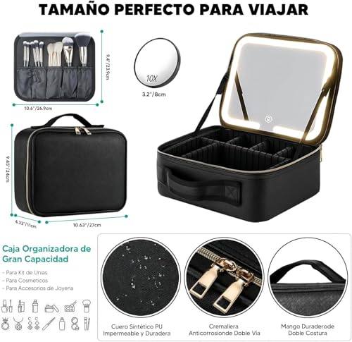 RAMSPIT Bolsa De Maquillaje Con Espejo y Led, Estuche De Maquillaje Con Lupa De 10X, Neceser Maquillaje, 3 Colores De Luz y Ajustes De Brillo, Compartimentos Ajustables DIY, Cosmetiquera De Viaje