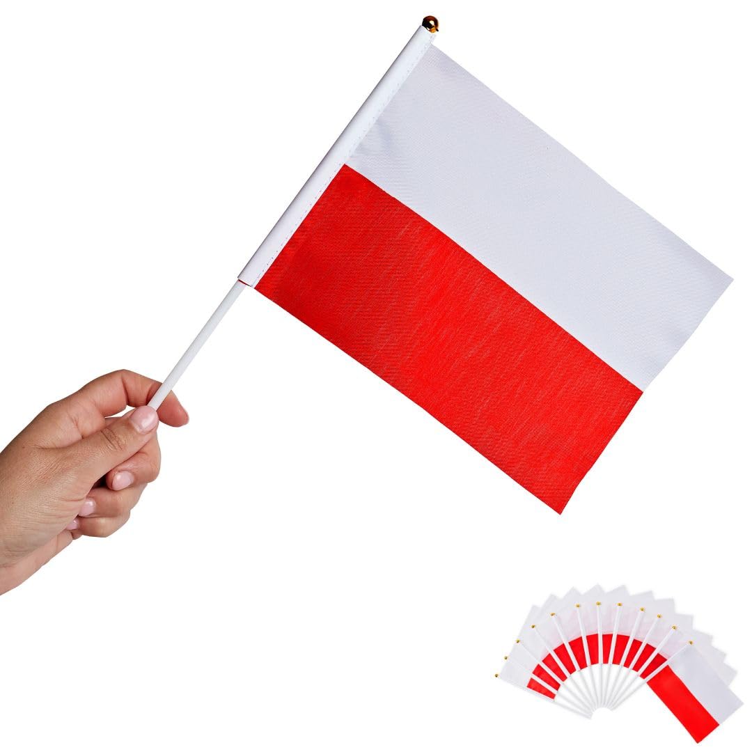 Runesol 12 Pack Hand Held Polish Flag 14cm x 21cm - Mini National Flag on Sticks for Party Decorations, Sports, Wimbledon, Celebrations, Euro's, Epiphany