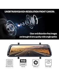 OOTSUTU Mirror Dash Cam Cámara de respaldo para autos Dvr Pantalla táctil de 10 "Full Streaming Media Lente doble Full HD Inversa, 1080P 170 ° Full HD frontal y 1296P 150 ° Gran angular Full HD Cámara de visión trasera