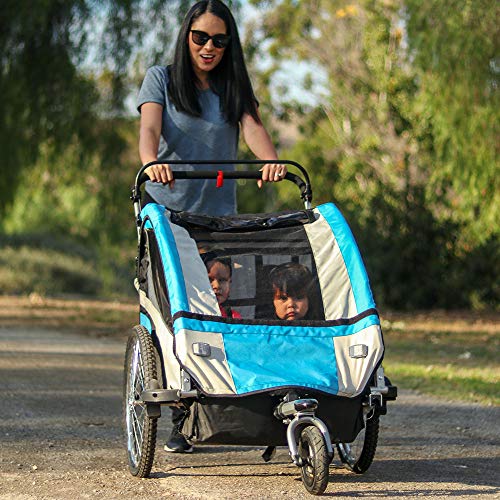 Clevr Elite 3-in-1 Double 2 Seat Bike Bicycle Trailer Jogger Stroller for Kids Children - Foldable for Storage, Light Blue - Thumbnail 3