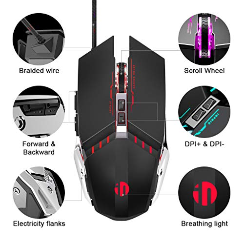 Mouse Gaming Silenzioso, Inphic 4800DPI Mouse da Gioco Ottico USB con Cavo, Regolazione 5 DPI, 6 Pulsanti Programmabili, 7 LED RGB con peso extra per i giocatori, PC Laptop Mac, Nero