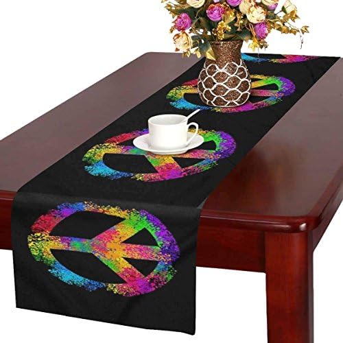 Cotton Linen Burlap Table Runner 16 x 72 Inch Cool Hippie Peace Sign Symbols, for Wedding Party Holiday Dinner Home Decor
