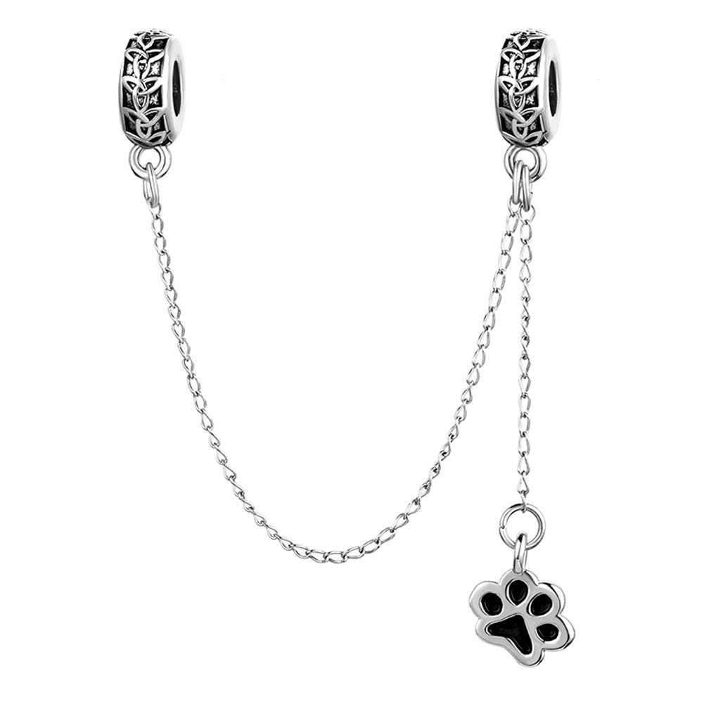 Paw Print Safety Chain Charm Stopper Bead for Pandora Style Bracelet Birthday Pet Dog Cat Charm Dangle Gift for Women Daughter