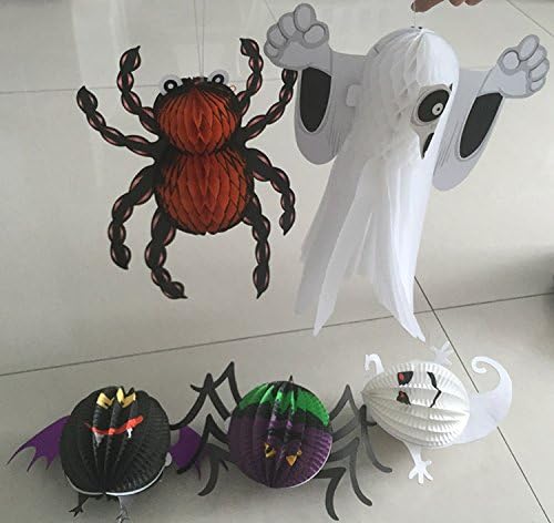 5Pcs 3-D Spirit Ghost Spooky Ghost Bat Hanging Spider and Orange Spider Hanging Pendant Halloween Decorations Lantern Garden Home Yard Party Props Gift for Kids (5)