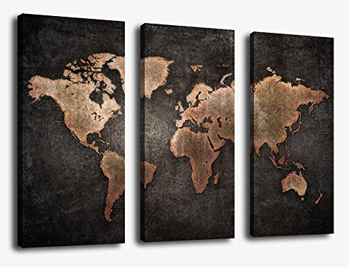 Wall Art Canvas Prints Dark Brown World Map Print on Canvas - Vintage Grunge Map Rustic Canvas Art - Sepia Map of the World Painting Pictures Artwork for Living Room Bedroom Interior Decoration