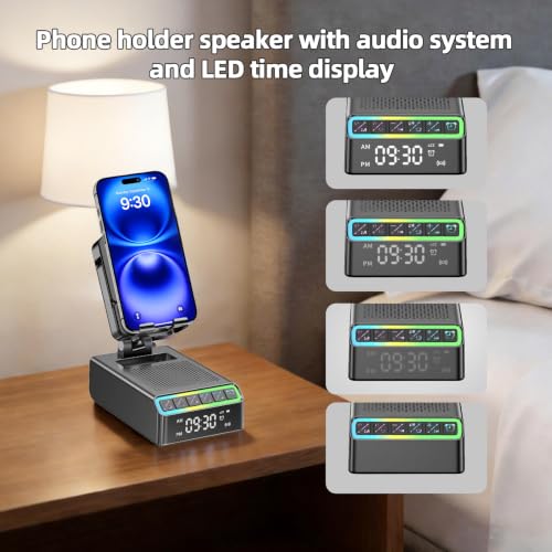Phone Stand with Bluetooth Speaker & Clock, Gifts for Men Women, Birthday Gifts for Him, 9-in-1 Design Induction Speaker, Anti-Slip Base, Phone Holder with Wireless Speaker, Tech Gadgets Gift for Men