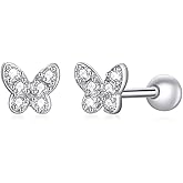 BISAER 925 Sterling Silver Tiny Butterfly Heart Star Earrings With Screw Back Cubic Zirconia Stud Earrings for Women Cartilage Jewelry
