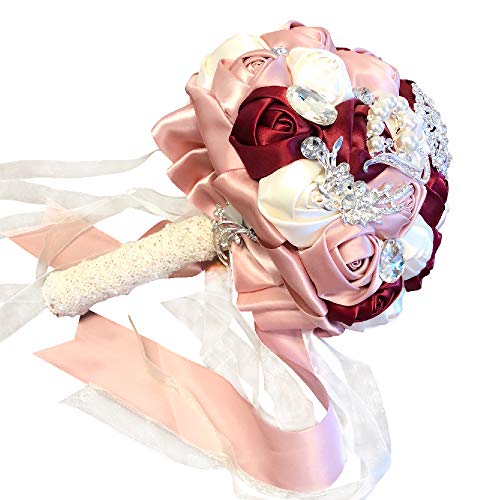 Abbie Home Advanced Customization Romantic Bride Wedding Holding Toss Bouquet Creamy White Rose Brooch with Pearls and Rhinestone Decorative brooches Accessories-Multi Color (Burgundy + Pink)