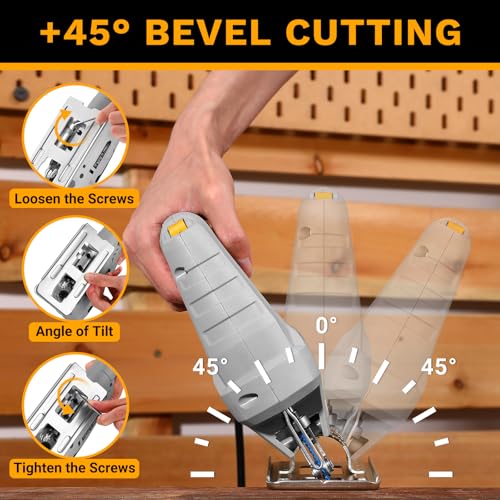 Electric Jigsaw: DEKOPRO 400W Wood Saw Jigsaw Reciprocating Jigsaws, 6 Variable Speeds 0-3000 SPM, ±45° Inclined Cut with 8 Blades for Wood, Metal and Plastic