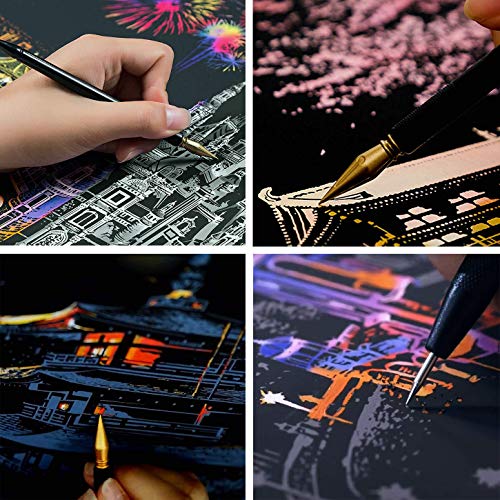 Ageqi Scratch Art Paper Rainbow Painting Sketch Pad for Adult and Kids, DIY Night View Scratchboard - 16'' x 11.2'' with 3 Tools (Dream Castle)