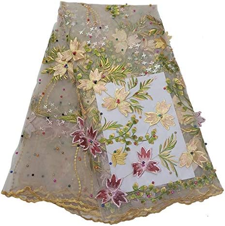 Milylace African Lace Fabric 5 Yards Beaded Tulle Lace with Flowery Embroidery for Wedding Dresses(Glod)