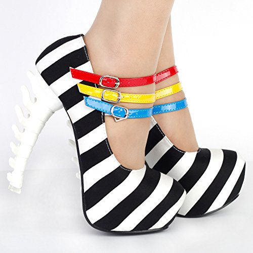 SHOW-STORY-Black-White-Stripe-3-Strap-Platform-Bone-Heel-Mary-Jane-PumpsLF80636