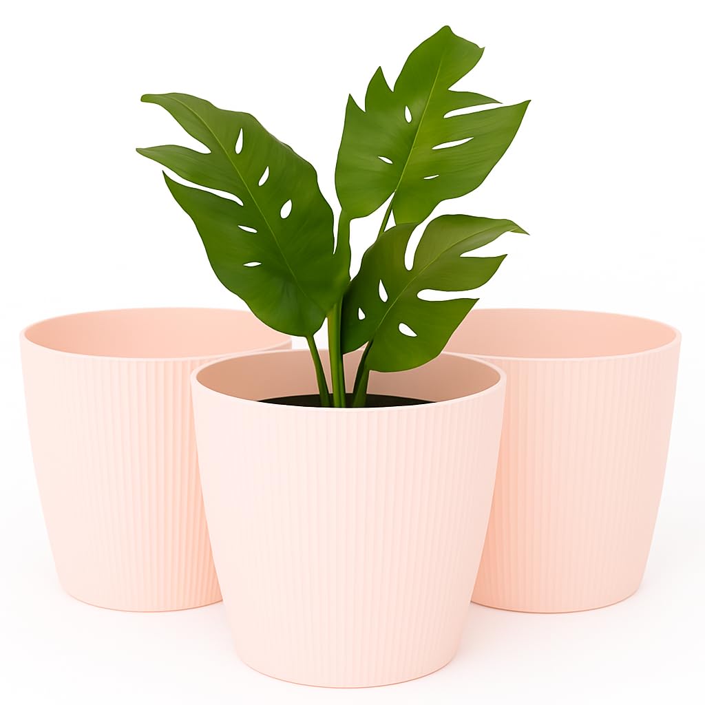 Home Garden Ornaments Small Plant Pots Indoor – Indoor Plant Pot for Home and Garden, Decorative Striped Set of 3 Flower Pots (Diameter 13.5cm, Light Beige)