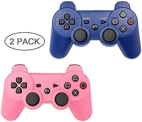 PS3 Controller 2 Pack Wireless Bluetooth Six Axis Controllers Gamepad for PlayStation 3 Dualshock 3 (Blue+Pink)