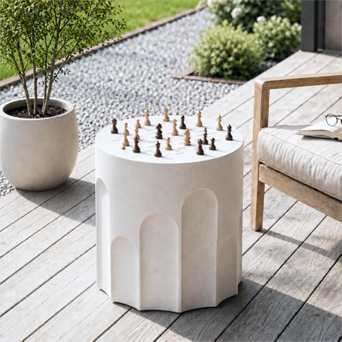 SUNBURY Outdoor Side Table w Chessboard, 15"W Concrete End Table,Spot White