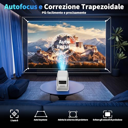 Mini Projector [Integrated Apps & 2026 Upgraded] Support 4K 1080P, Portable Projector Auto Focus/Keystone with WiFi 6 and Bluetooth 5.4 Correction 360°Rotation, Mini Projector Home Theater- White