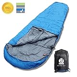 BOS Portable Mummy Sleeping Bag- Ultralight Waterproof Camping Sleeping Bag with Compression Sack for 4 Season Traveling and Outdoor Activities- Large Sleeping Bag for Adults up 7'2-Blue&Right-Zip