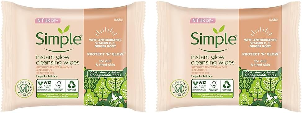 Simple Protect N Glow Instant Glow Biodegradable Wipes, 20 Wipes Pack 2