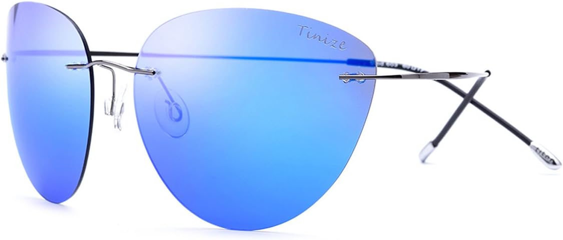 TINIZE Female Cat Eye Rimless Polarized Sunglasses Titanium Alloy Sun Glasses for Women 603 (blue, 61)