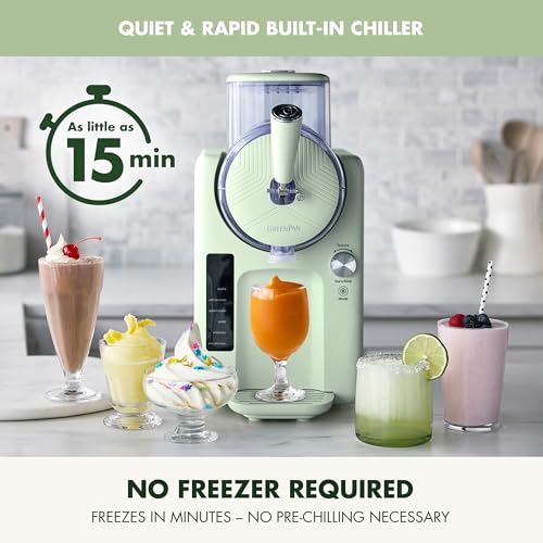 GreenPan Frost Máquina para hacer helados y bebidas congeladas, servicio suave, granizados, sorbetes, batidos y cócteles, no necesita congelador, 7 texturas, silencioso y rápido, fácil de limpiar, tamaño familiar, pistacho salvia