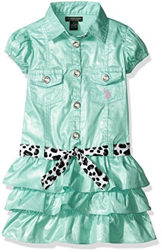 U.S. Polo Assn. Baby Girls' Short Sleeve Belted Tiered Ruffle Dress, Mint, 18 Months
