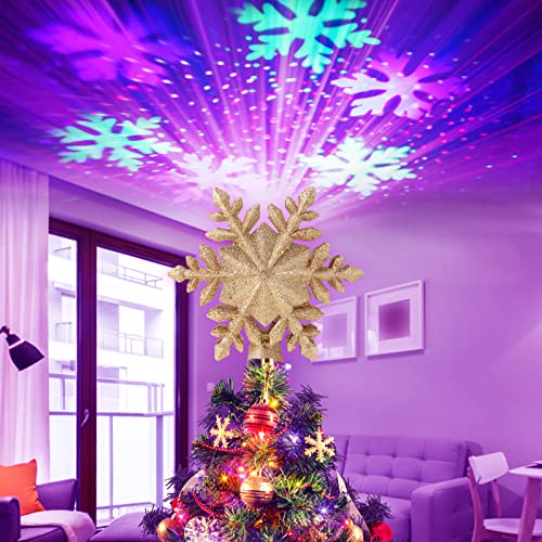 Christmas Tree Topper,Snow Christmas Tree Topper Lighted With LED Rotating Snowflake Projector