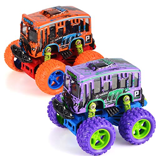 JOYIN 2 Pack Friction Powered Monster School Bus Truck Die Cast Vehicles Big Tire Wheel School Bus Kids Car Toy Set