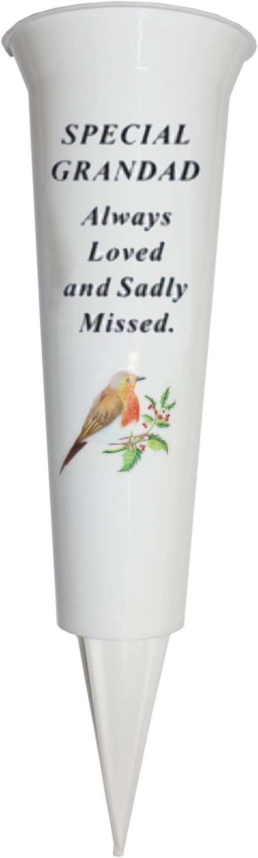Widdle Gifts Memorial Grave Flower Pot 33cm White Vase with Spike Robin Image