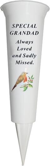 Widdle Gifts Memorial Grave Flower Pot 33cm White Vase with Spike Robin Image