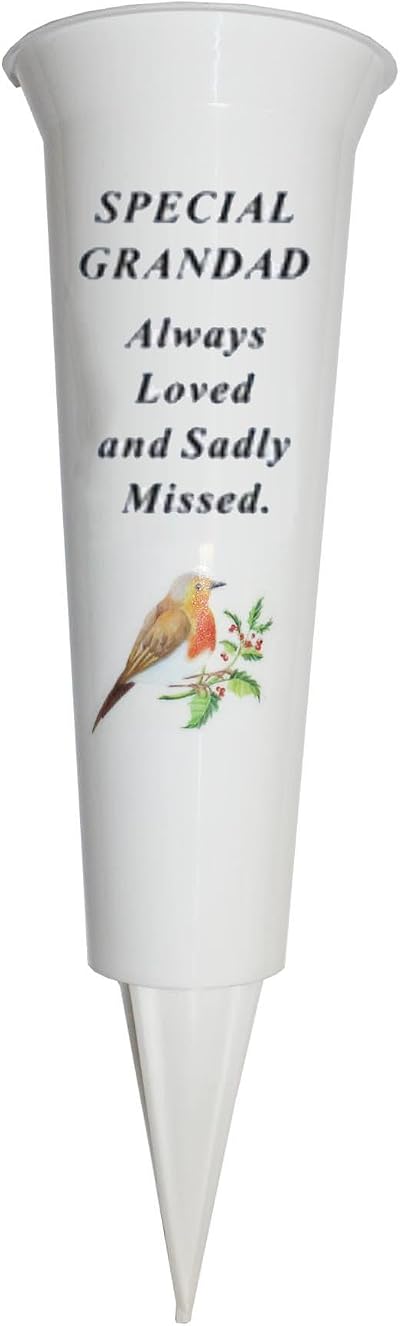 Widdle Gifts Memorial Grave Flower Pot 33cm White Vase with Spike Robin Image