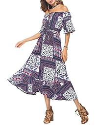 dyefei Mujer Verano Floral Off hombro manga Bell Casual Midi Boho Bohemia Plus tamaño vestido