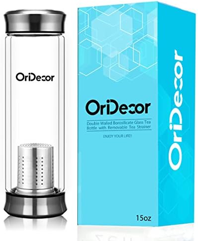 OriDecor High Borosilicate Glass Tea Bottle with Removable Stainless Steel Strainer, Double Walled Glass Tea Infuser Cup with Intensive Mesh Leaf Strainer