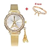 Han Shi Watches, Women Fashion Casual Business Eiffel Tower Quartz Wristwatch Round Clock (L, Gold)