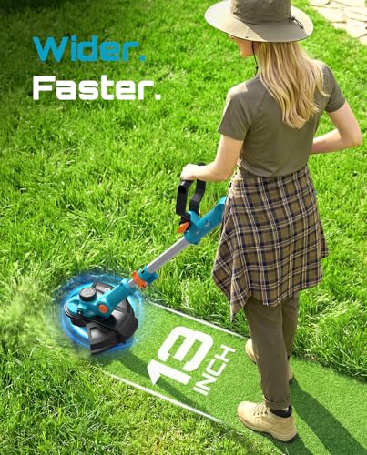 Seesii 21V Brushless 13" Electric Weed Wacker Cordless String Trimmer and Wheeled Edger with 2 x 4.0Ah Battery, Telescopic Pole (42"-56"), Auto-Feed, Ultra-Lightweight for Yard/Lawn