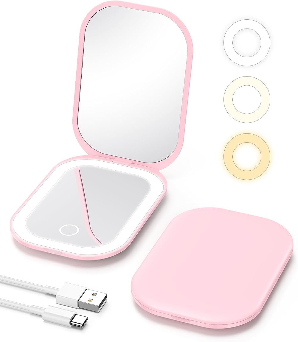 Gospire Lighted Travel Makeup Mirror 1X 3X Magnification Pink