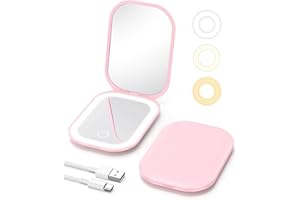 Gospire Lighted Travel Makeup Mirror with Light and Magnification 1X/3X, Stepless Dimming and Three-Color Adjustable Lights, Rechargeable Battery and Compact Size for Purse and Portable Use - Pink