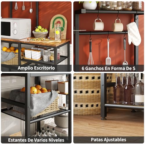Simple Wisdom Alacenas para Cocina con 6 Niveles con Soporte para Microondas,Muebles para Cocinas con Ajustables y Ganchos en Forma de s,Mueble Multiusos de Cocina,Sala(Color Retro)