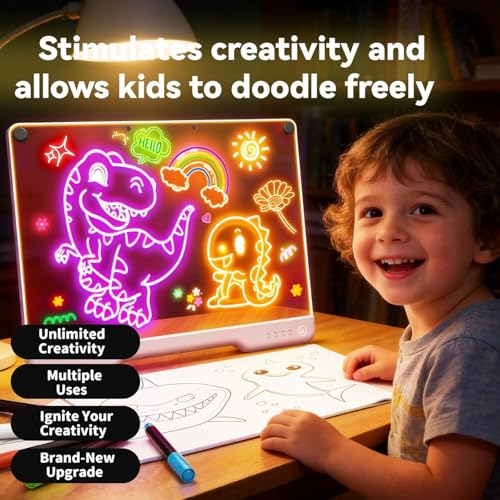 SLEEPHEAD® 16-Inch Rechargeable Doodle Glow LED Note Board, 7-Color Light Modes, Neon Art Dry Erase Light Up Drawing Pad with Built-in Stand, Sketching Gift Toy for Kids/Girls/Teens, 7 Markers & Traci