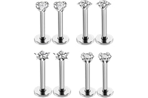 HQLA 16G Love/Star/Square/Round Shape Clear CZ Labret Monroe Lip Ring Tragus Nail Helix Earring Stud Piercing Jewelry Surgical Stainless Steel Bar 8mm CZ 3mm 4 Pairs